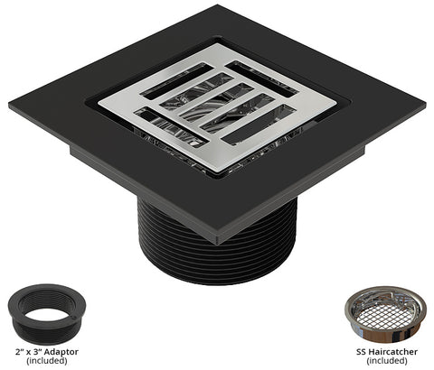 BCS.252.33.11 - 4" x 4" Slotted Square Split Finish Shower Drain Outlet - Matte Black / Chrome
